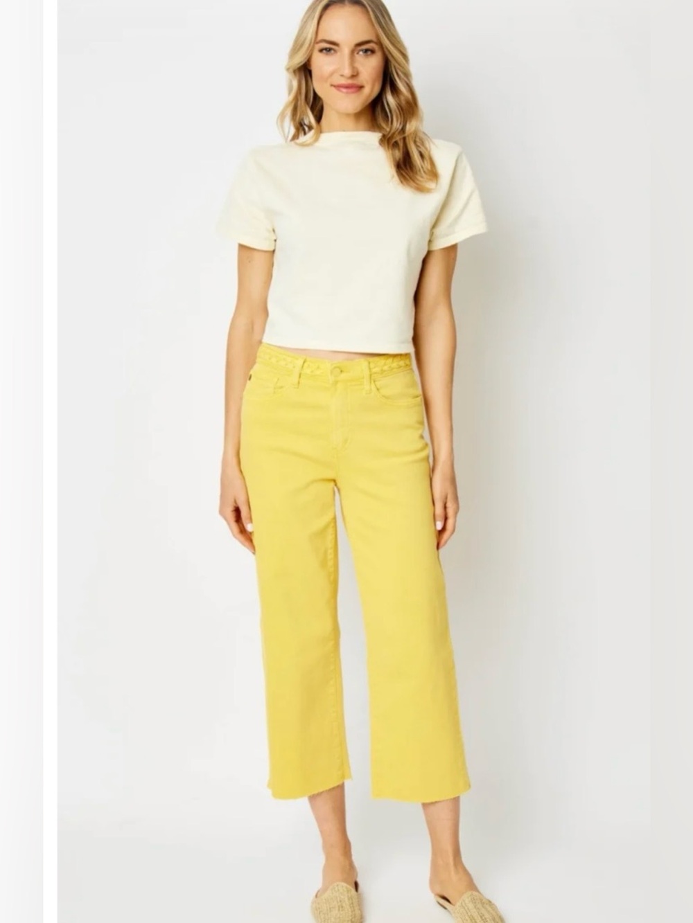 NWT 22W Judy Blue Yellow Braided Waistband Wide Crop Jeans